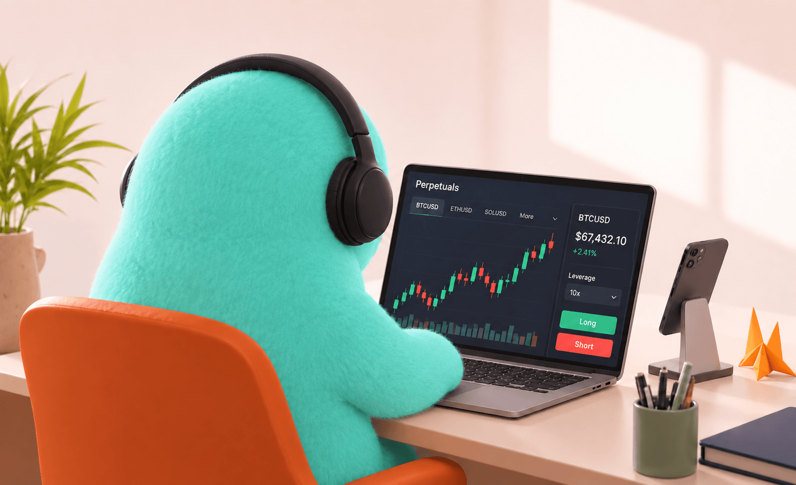 The agent at its desk, watching a perpetuals chart and choosing between long and short